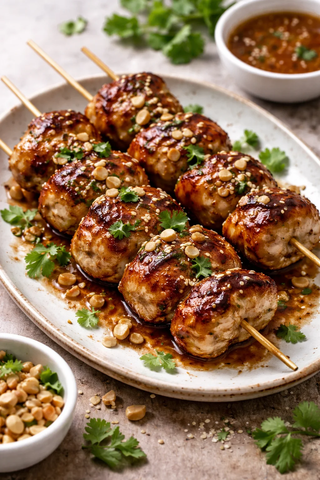 Plate of easy grilled chicken skewers drizzled with honey garlic sauce