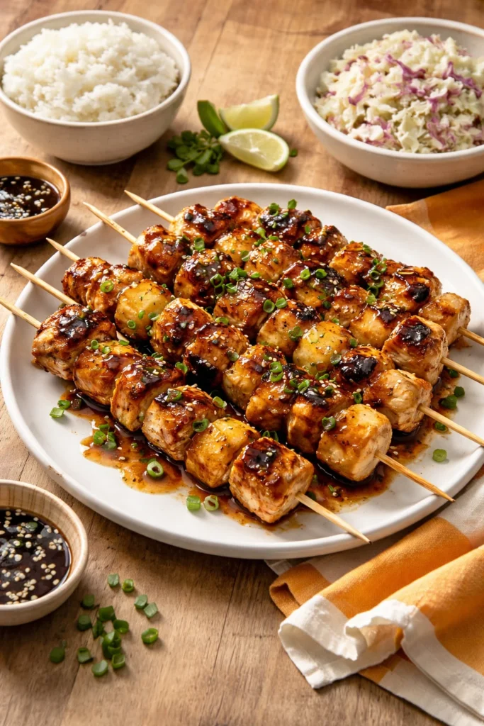 Grilled Hawaiian Chicken Kabobs with colorful vegetables and pineapple