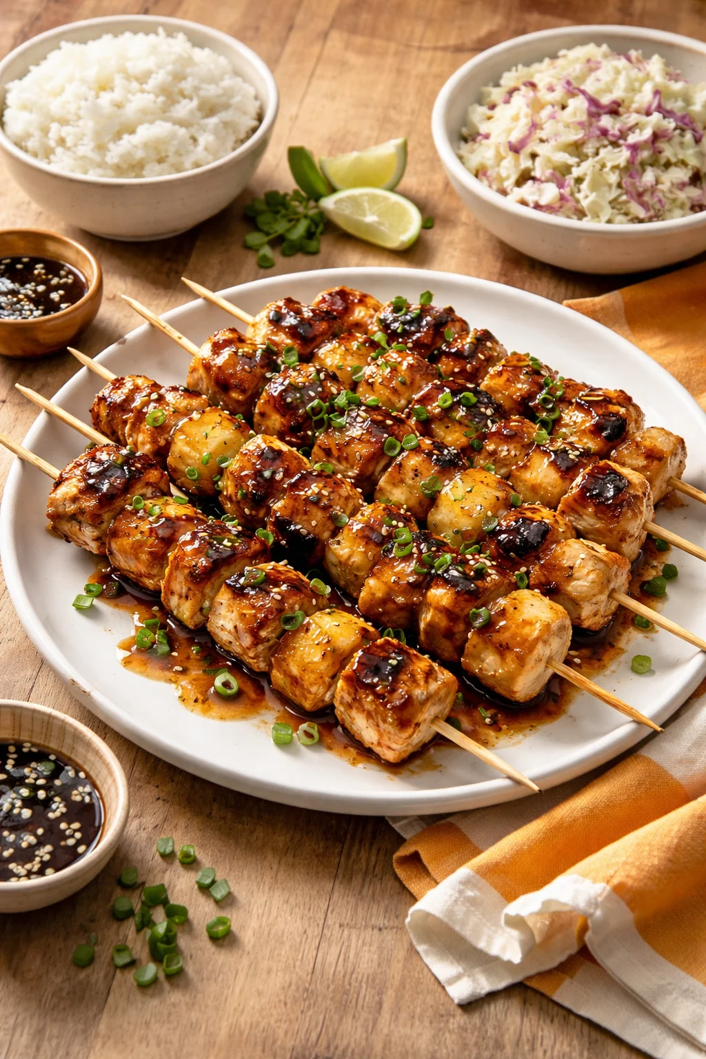 Grilled Hawaiian Chicken Kabobs with colorful vegetables and pineapple