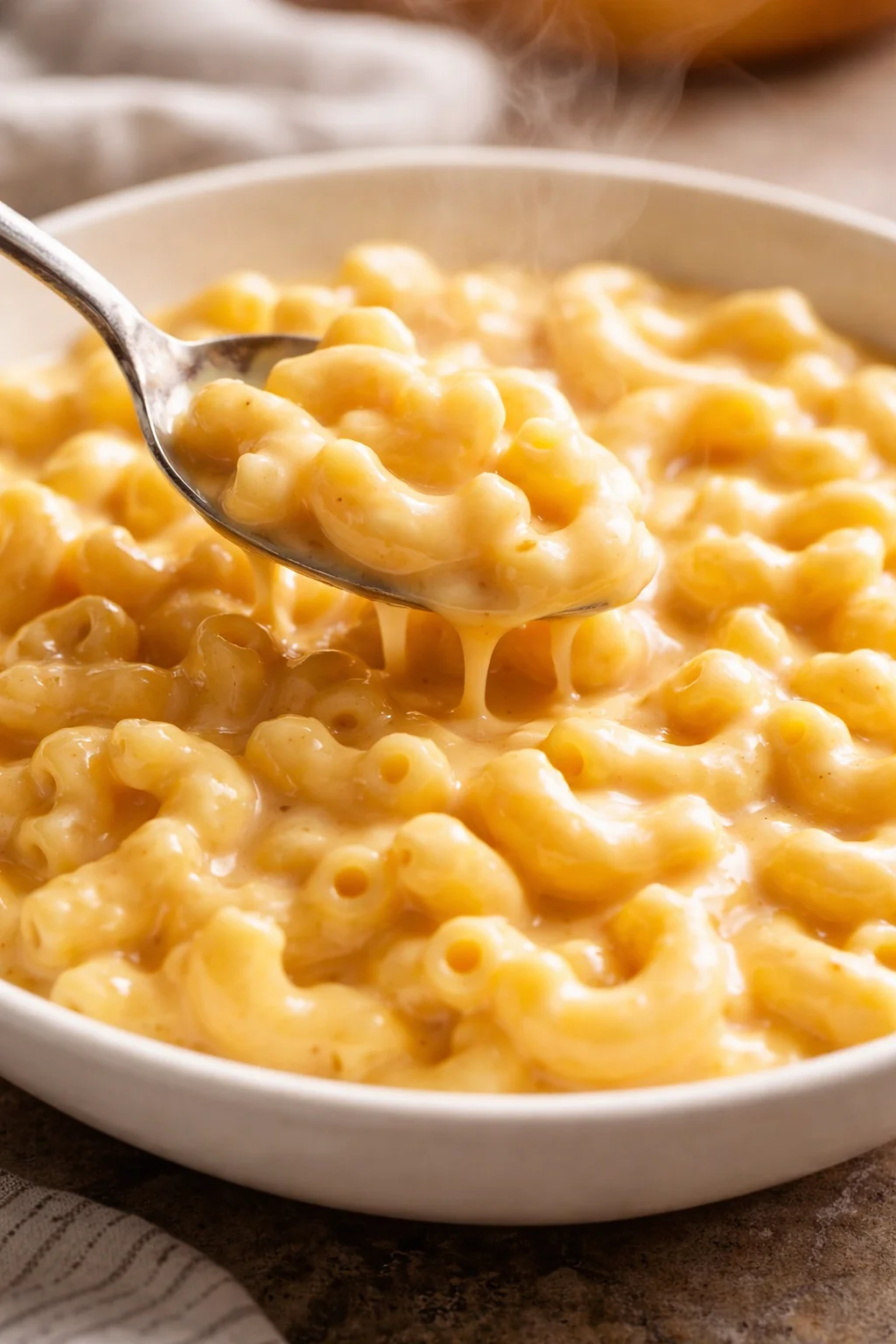 Bowl of extra creamy classic mac and cheese garnished with breadcrumbs.