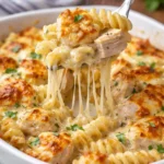 Creamy Garlic Parmesan Chicken Pasta Bake topped with cheese and herbs
