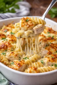 Creamy Garlic Parmesan Chicken Pasta Bake topped with cheese and herbs
