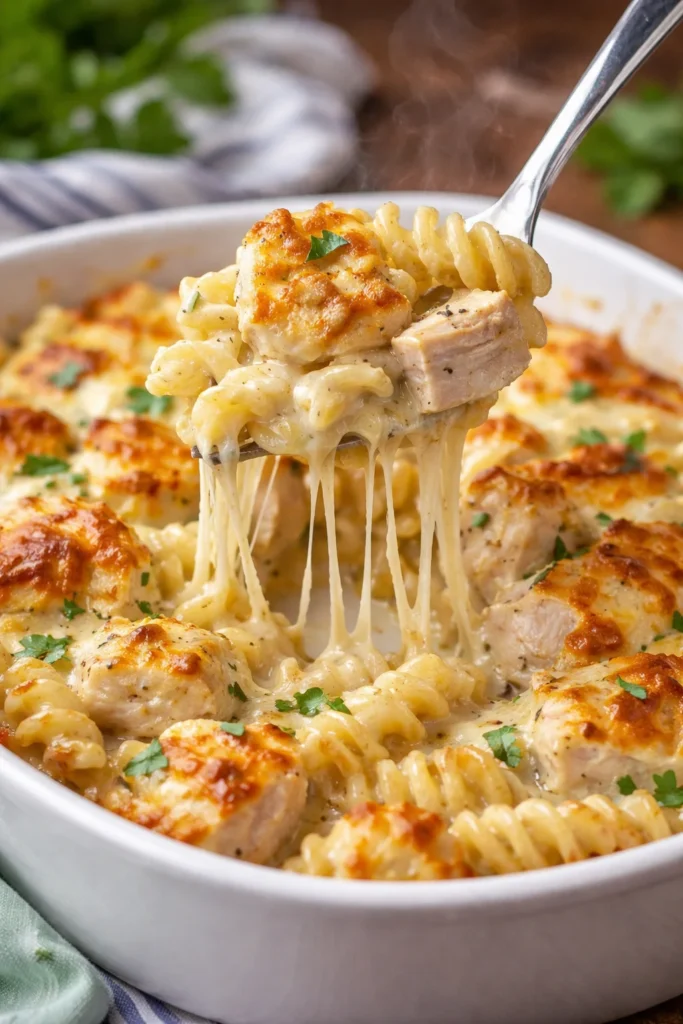 Creamy Garlic Parmesan Chicken Pasta Bake topped with cheese and herbs