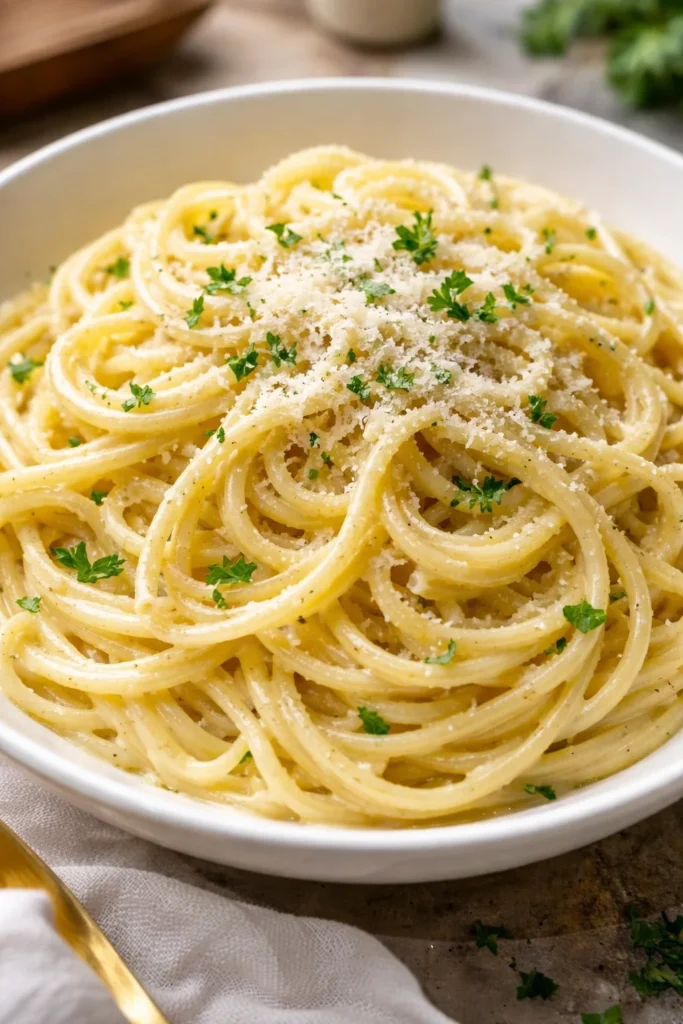 Delicious bowl of Garlic Parmesan Pasta garnished with parsley