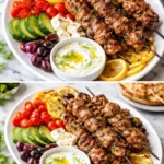 Delicious Greek Chicken Skewers grilled to perfection, garnished with herbs.