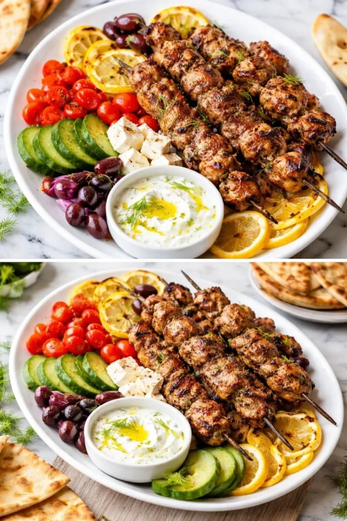Delicious Greek Chicken Skewers grilled to perfection, garnished with herbs.