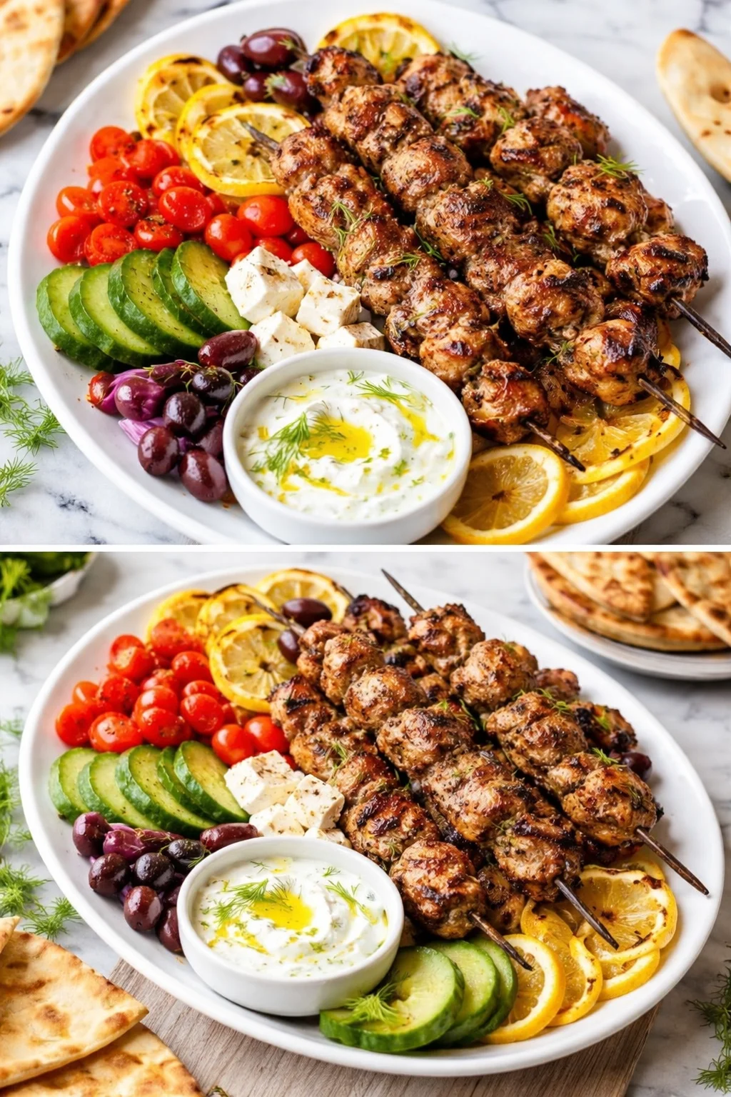 Delicious Greek Chicken Skewers grilled to perfection, garnished with herbs.