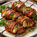 Grilled bacon wrapped brussels sprouts on a platter, garnished with herbs.