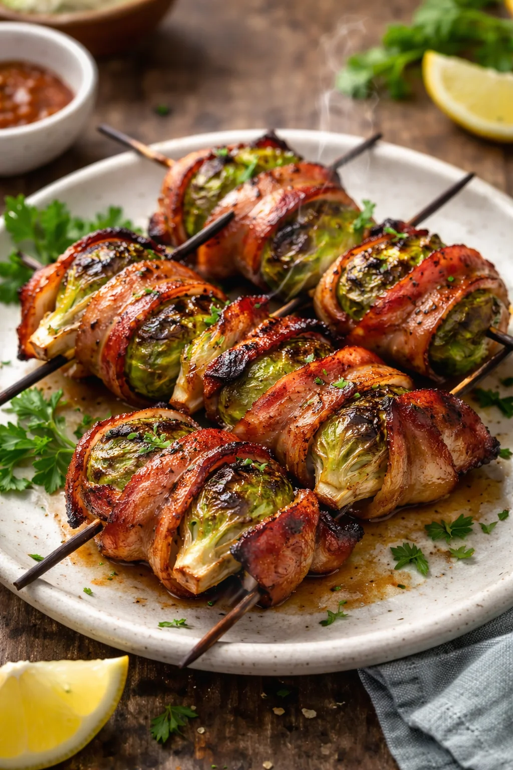 Grilled bacon wrapped brussels sprouts on a platter, garnished with herbs.