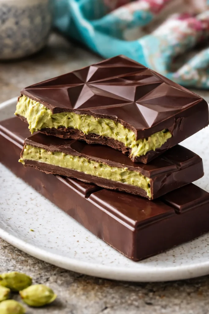 Homemade Dubai chocolate bar with rich ingredients and vibrant presentation