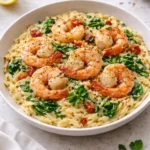 Creamy shrimp orzo dish garnished and ready to serve.