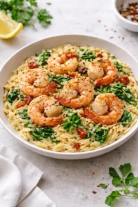 Creamy shrimp orzo dish garnished and ready to serve.