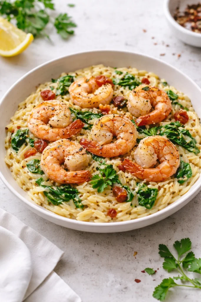 Creamy shrimp orzo dish garnished and ready to serve.
