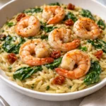 Creamy shrimp orzo dish served on a plate with fresh herbs