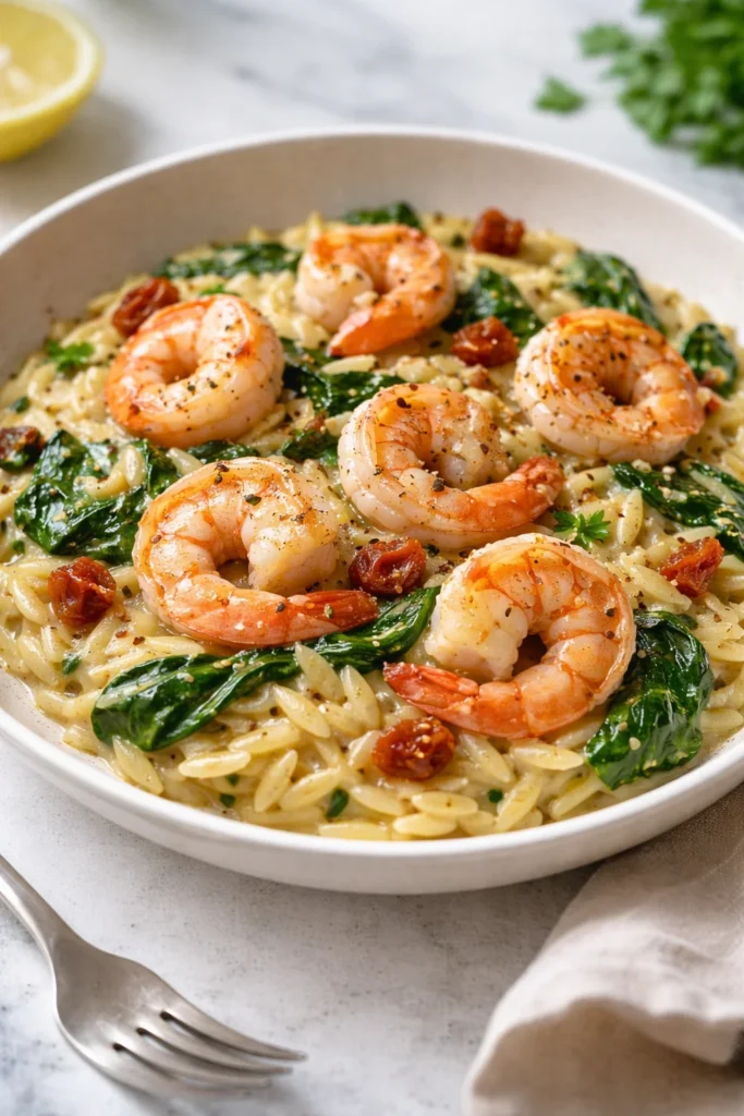 Creamy shrimp orzo dish served on a plate with fresh herbs