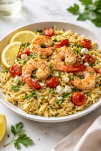 Plate of Lemon Feta Orzo with shrimp garnished with fresh herbs