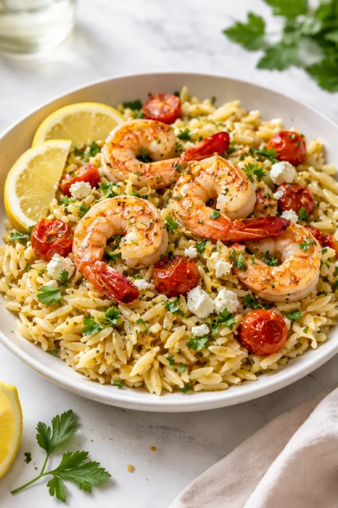 Plate of Lemon Feta Orzo with shrimp garnished with fresh herbs