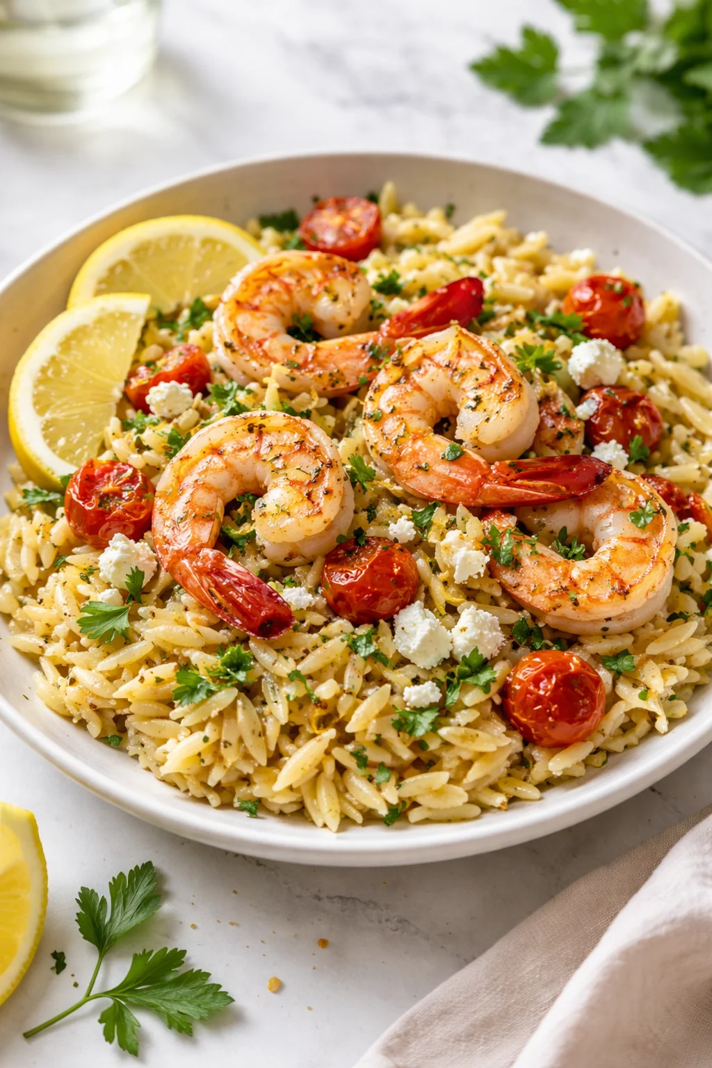 Plate of Lemon Feta Orzo with shrimp garnished with fresh herbs