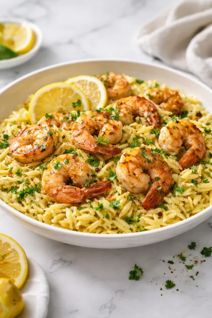 Plate of Lemon Garlic Shrimp Orzo garnished with herbs and lemon slices.