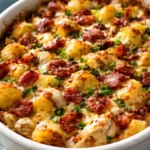 Delicious loaded chicken and potato casserole dish topped with cheese and herbs.
