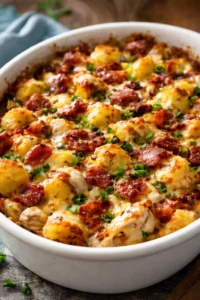 Delicious loaded chicken and potato casserole dish topped with cheese and herbs.