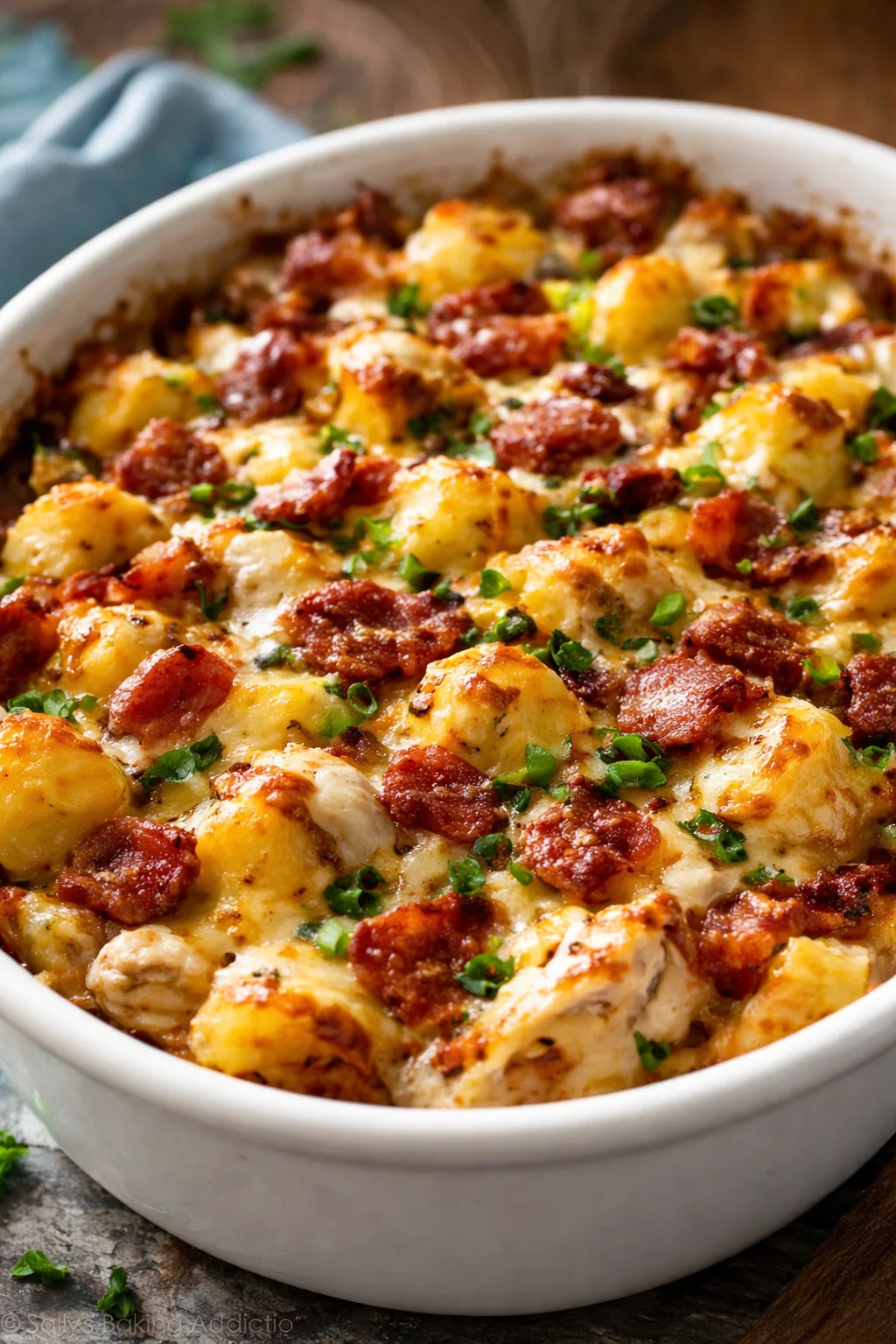 Delicious loaded chicken and potato casserole dish topped with cheese and herbs.