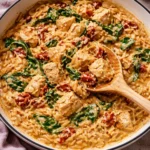 Delicious Marry Me Chicken Orzo served in a bowl with fresh herbs