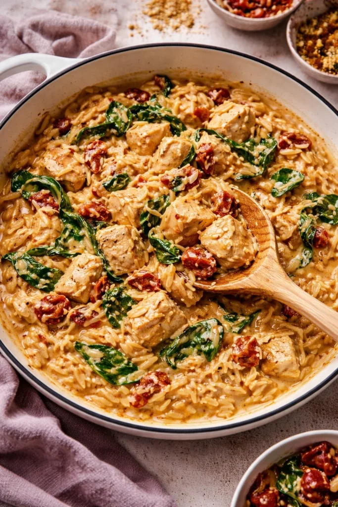 Delicious Marry Me Chicken Orzo served in a bowl with fresh herbs