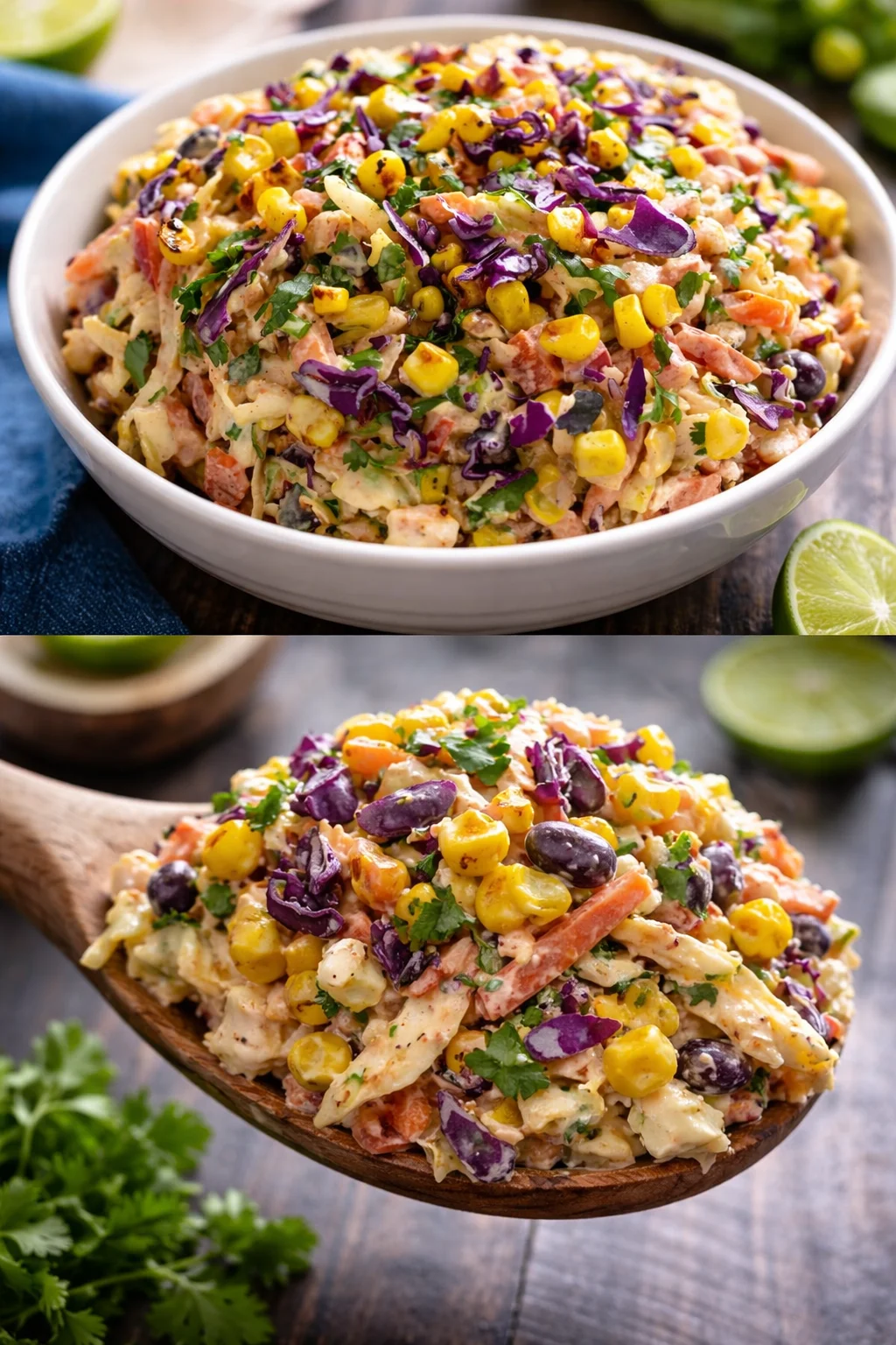 Fresh and colorful Mexican Coleslaw served in a bowl with lime and herbs.