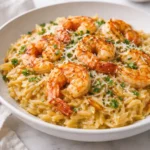 One Pan Parmesan Orzo with Shrimp dish served in a skillet