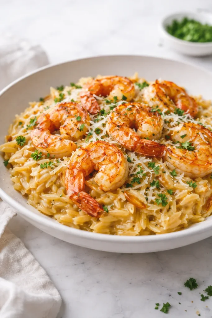 One Pan Parmesan Orzo with Shrimp dish served in a skillet