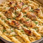 Bowl of One Pot Creamy Parmesan Chicken Pasta garnished with parsley
