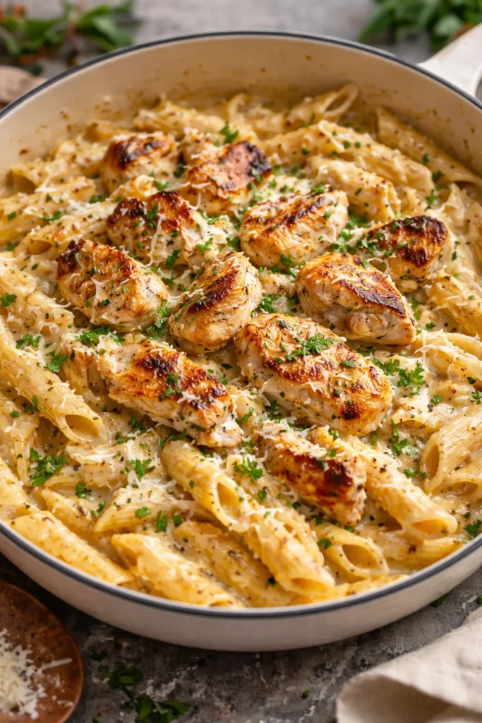 Bowl of One Pot Creamy Parmesan Chicken Pasta garnished with parsley