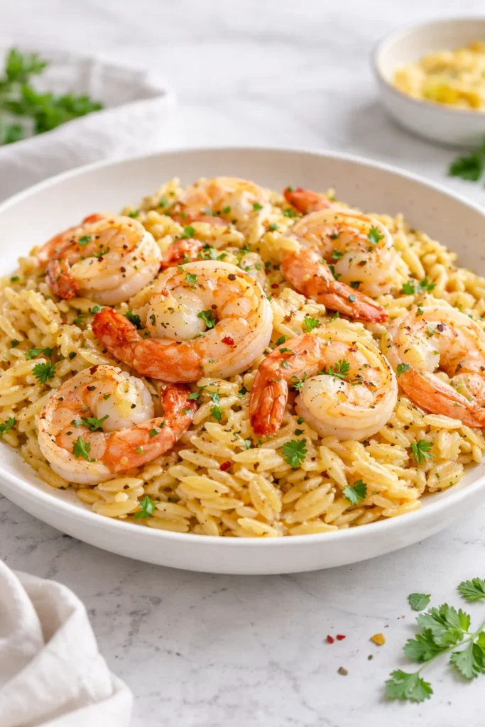 One-pot garlic butter shrimp orzo served in a bowl with fresh herbs