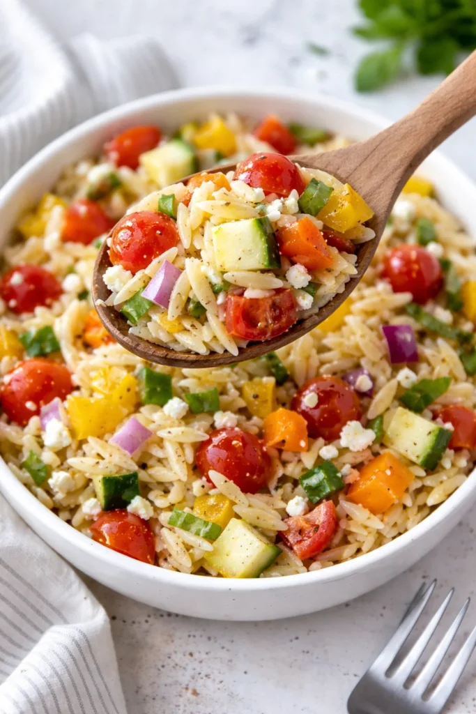 Delicious orzo salad with fresh vegetables and herbs in a bowl