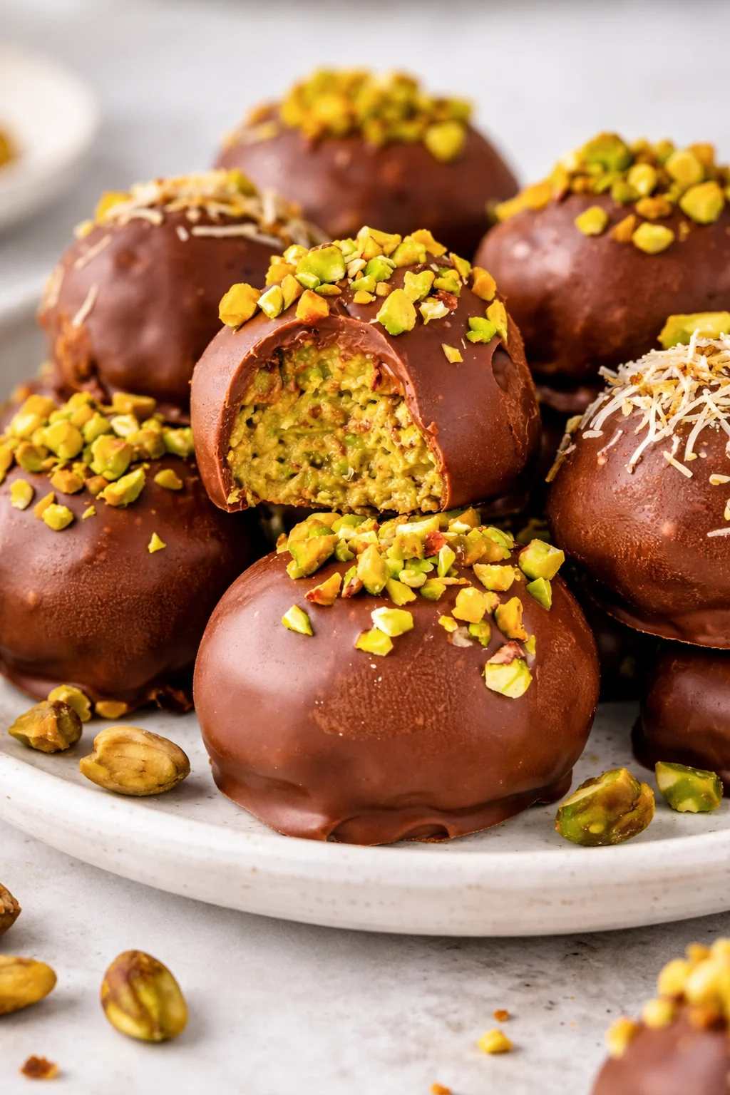 Pistachio Kataifi Truffles decorated with pistachios and kataifi pastry.