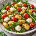 Roasted gnocchi salad with basil pesto, tomatoes, mozzarella, and arugula