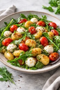 Roasted gnocchi salad with basil pesto, tomatoes, mozzarella, and arugula