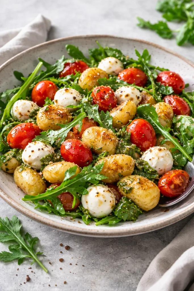 Roasted gnocchi salad with basil pesto, tomatoes, mozzarella, and arugula