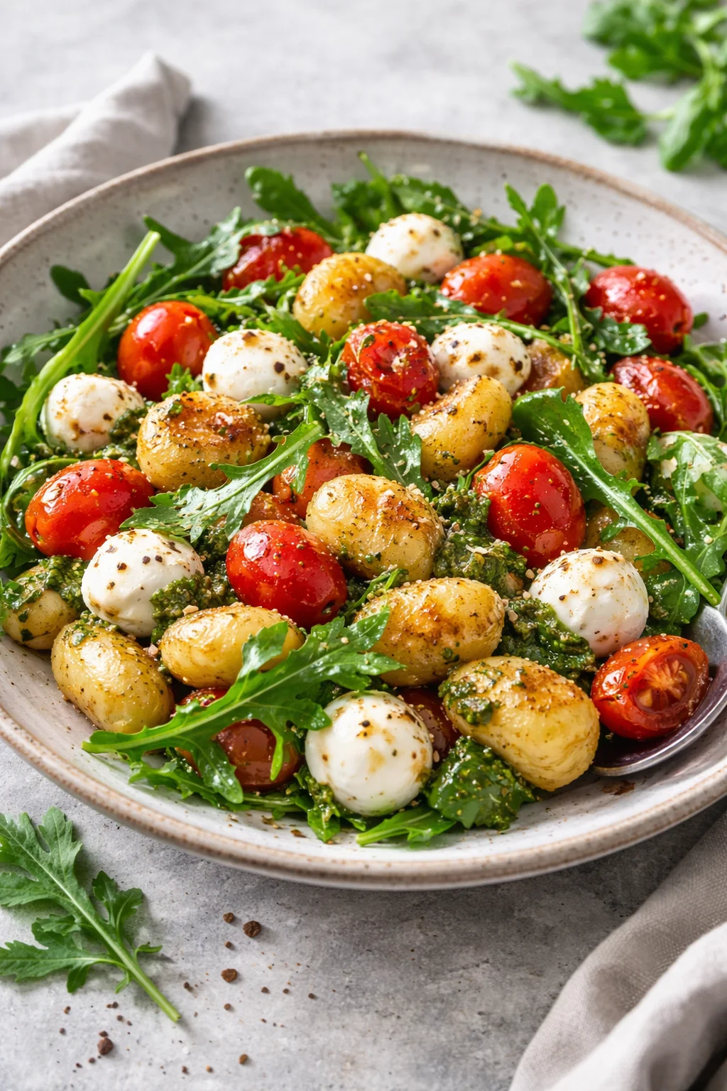 Roasted gnocchi salad with basil pesto, tomatoes, mozzarella, and arugula
