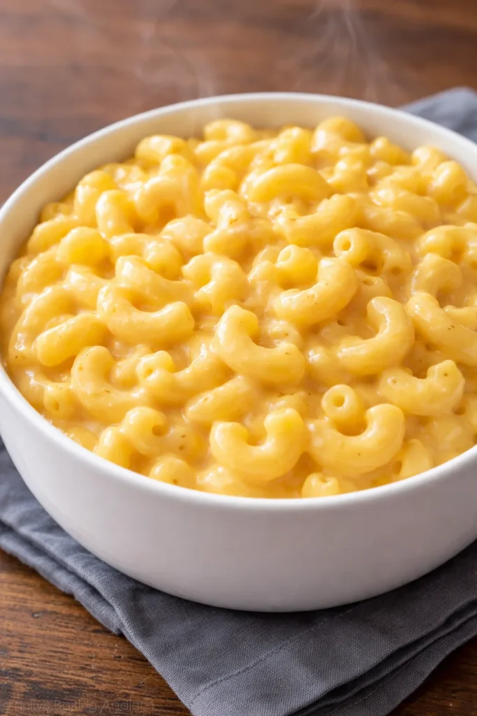 Bowl of Simple Mac and Cheese topped with cheese and herbs