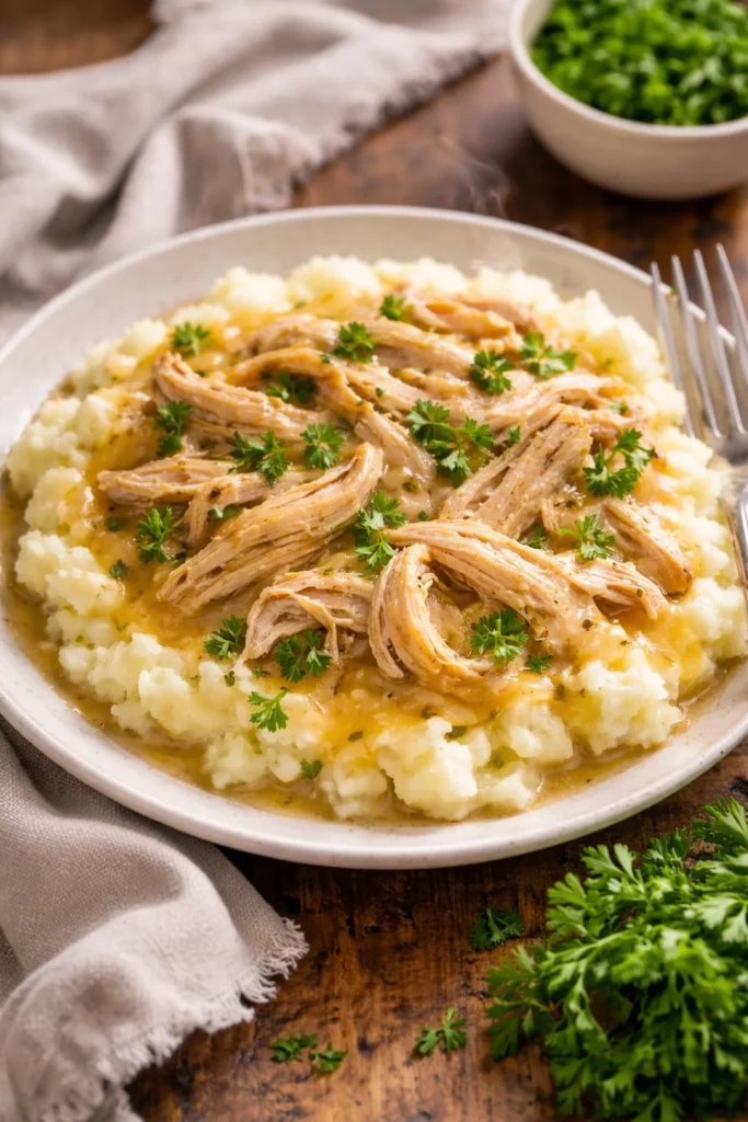 Delicious slow cooker chicken and gravy served on a plate with sides.