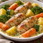 Slow cooker creamy garlic chicken served with mixed veggies in a bowl
