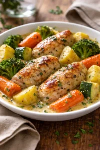 Slow cooker creamy garlic chicken served with mixed veggies in a bowl