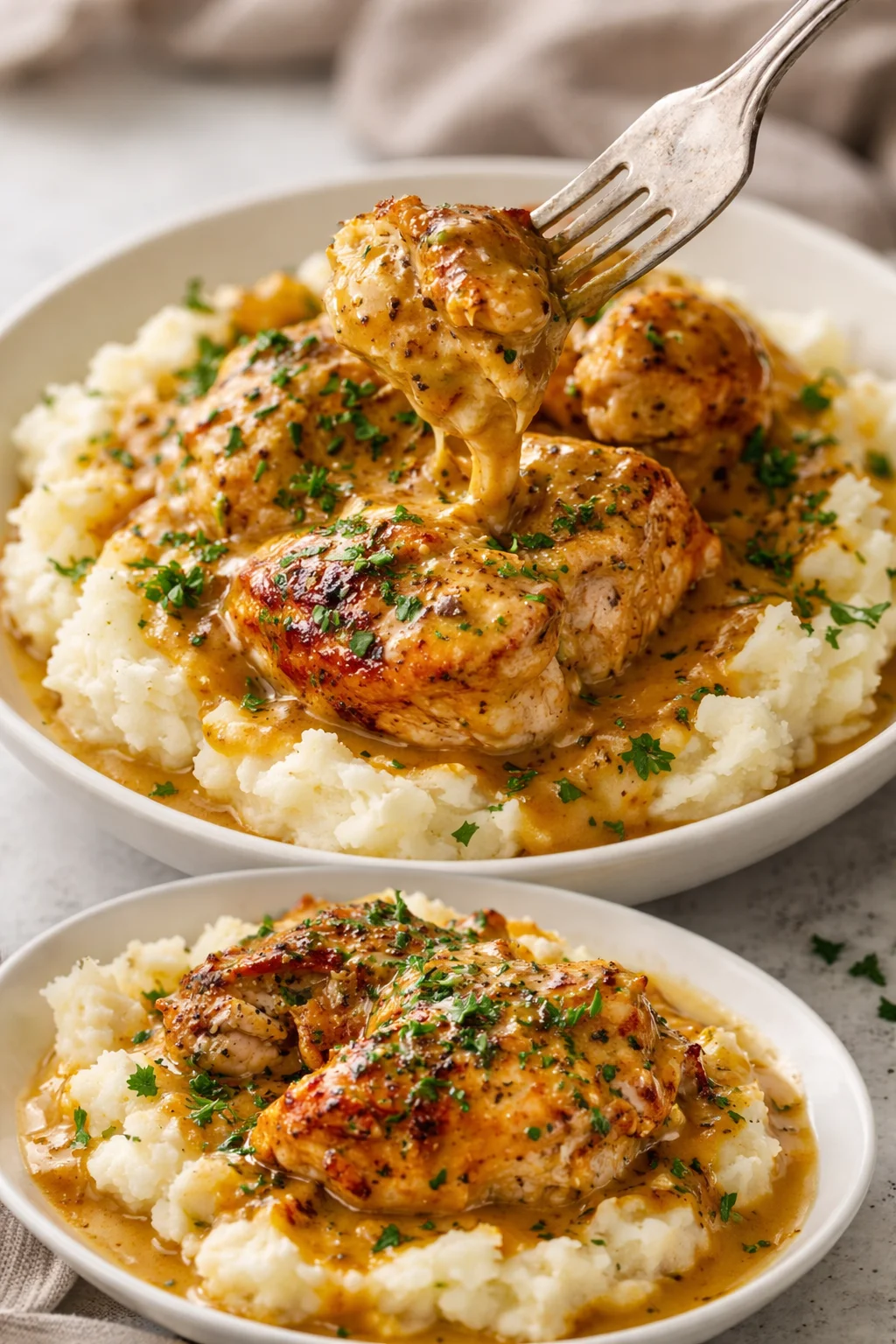 Slow Cooker Honey Mustard Chicken in a ceramic dish garnished with herbs.