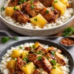 Delicious slow cooker pineapple pork dish served on a plate with herbs.