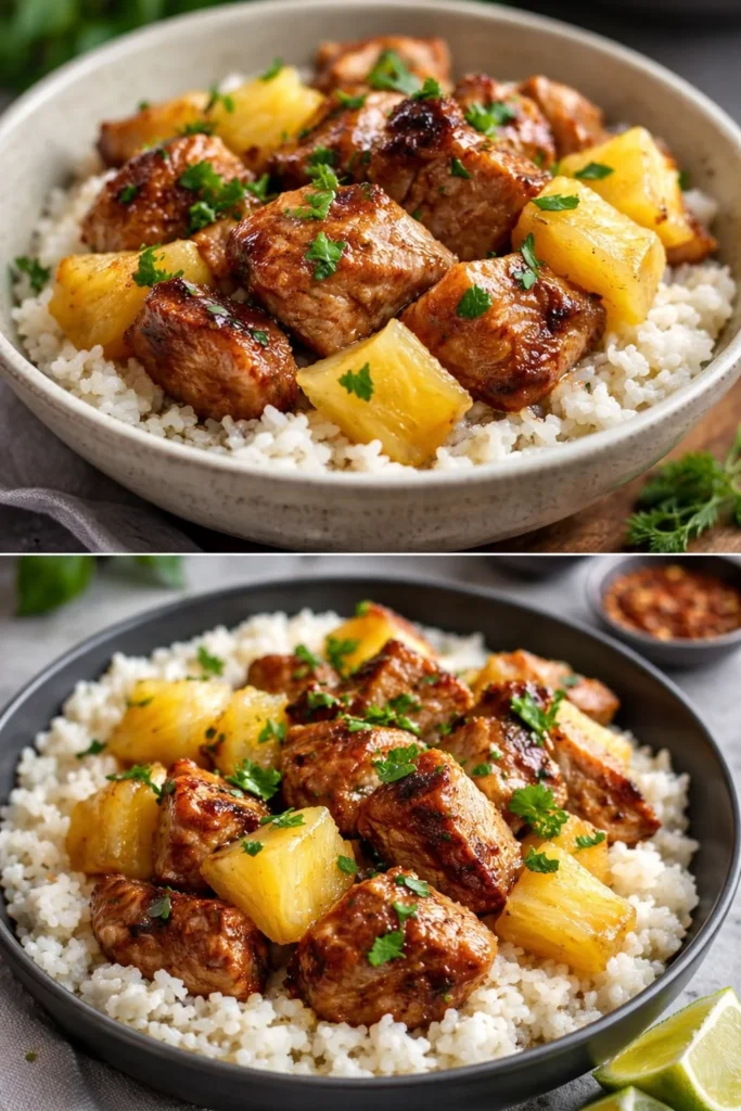 Delicious slow cooker pineapple pork dish served on a plate with herbs.