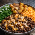 Delicious smash burger bowl with juicy patties and fresh toppings