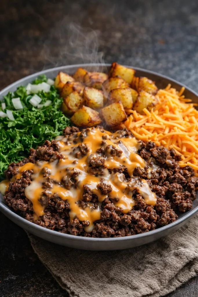 Delicious smash burger bowl with juicy patties and fresh toppings