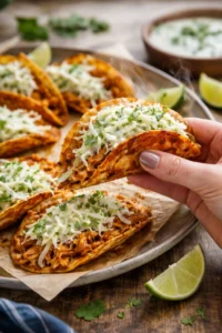 Smashed Buffalo Chicken Tacos with Ranch Slaw on a plate